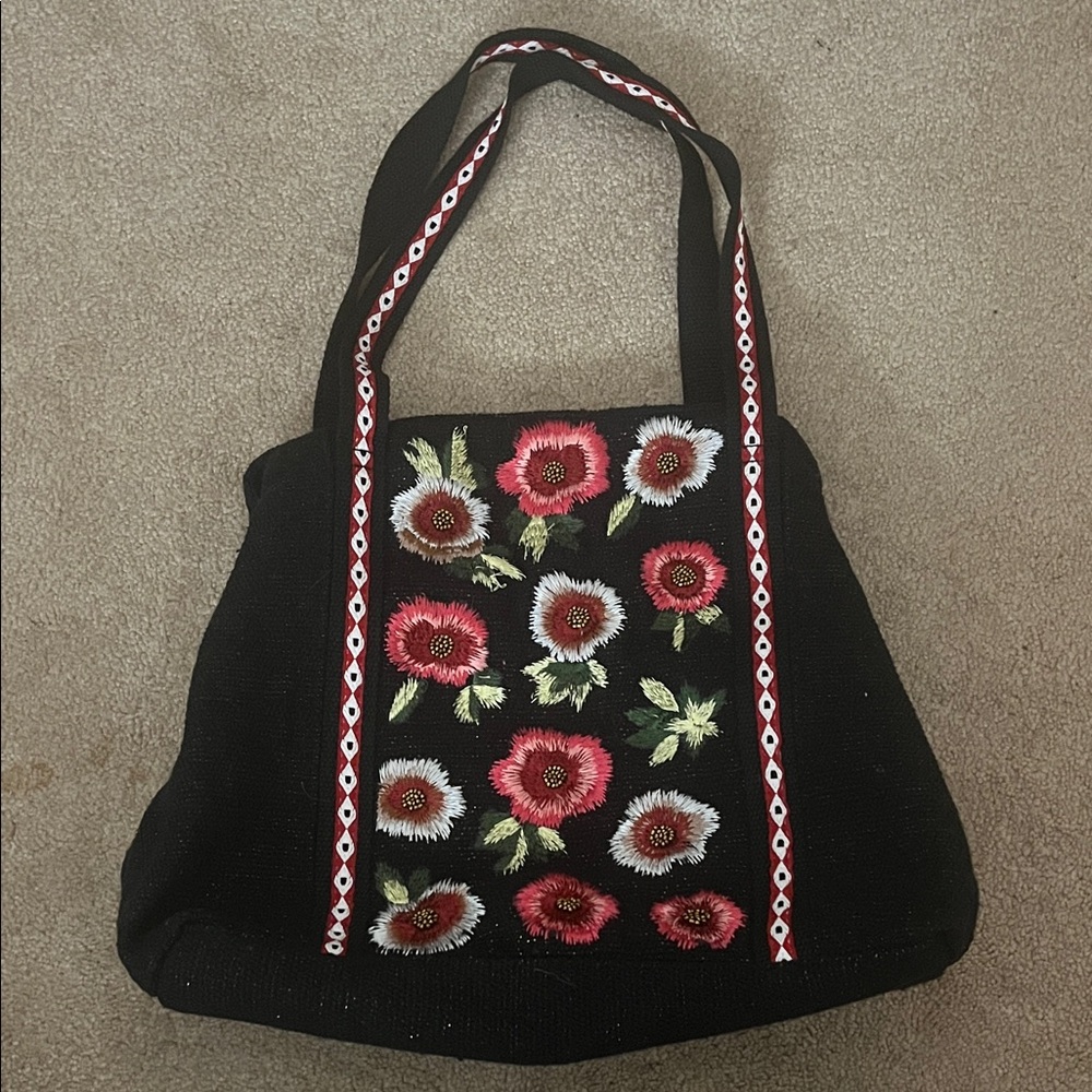 Floral Embroidered Beaded Black Tote Shoulder Bag
